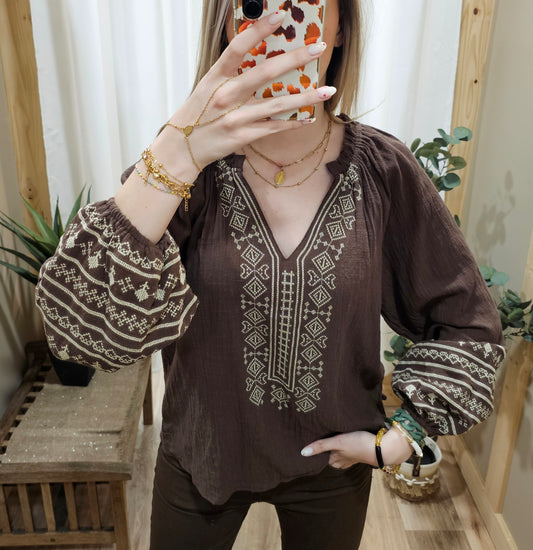 Blouse broderies marron