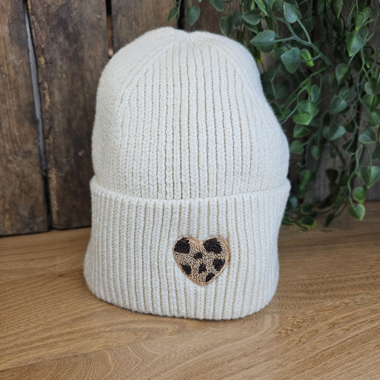 Bonnet coeur léopard beige