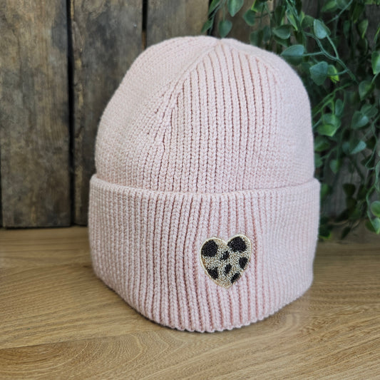 Bonnet coeur léopard rose pâle