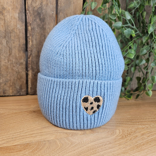 Bonnet coeur léopard bleu ciel