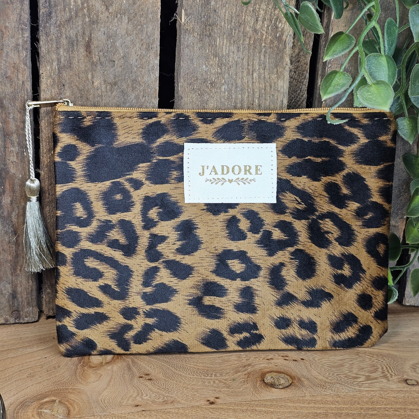 Pochette "j'adore" léopard camel