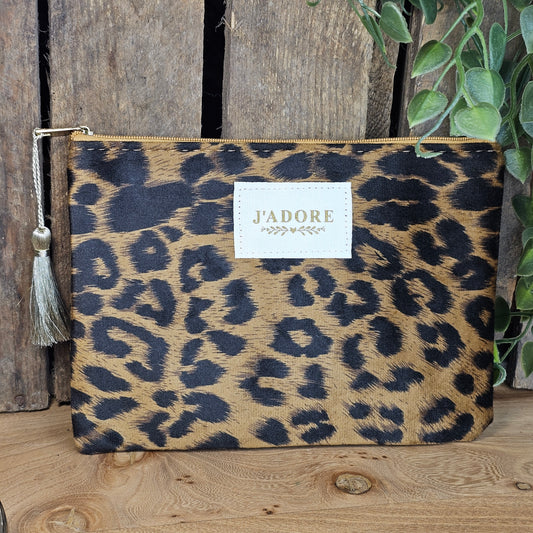 Pochette "j'adore" léopard camel