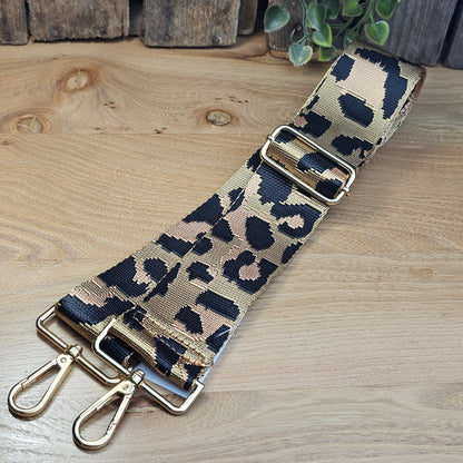 Bandoulière motifs léopard camel et doré