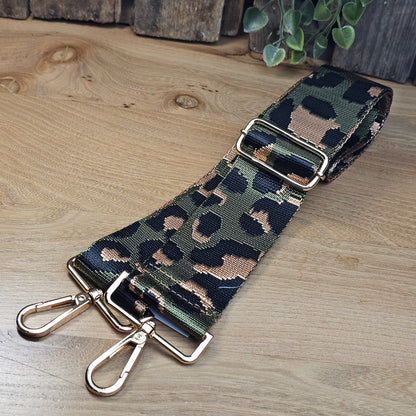 Bandoulière motifs léopard kaki et doré