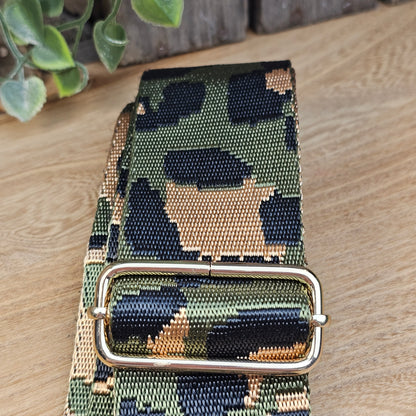 Bandoulière motifs léopard kaki et doré