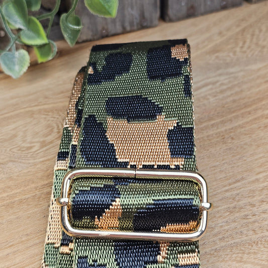 Bandoulière motifs léopard kaki et doré