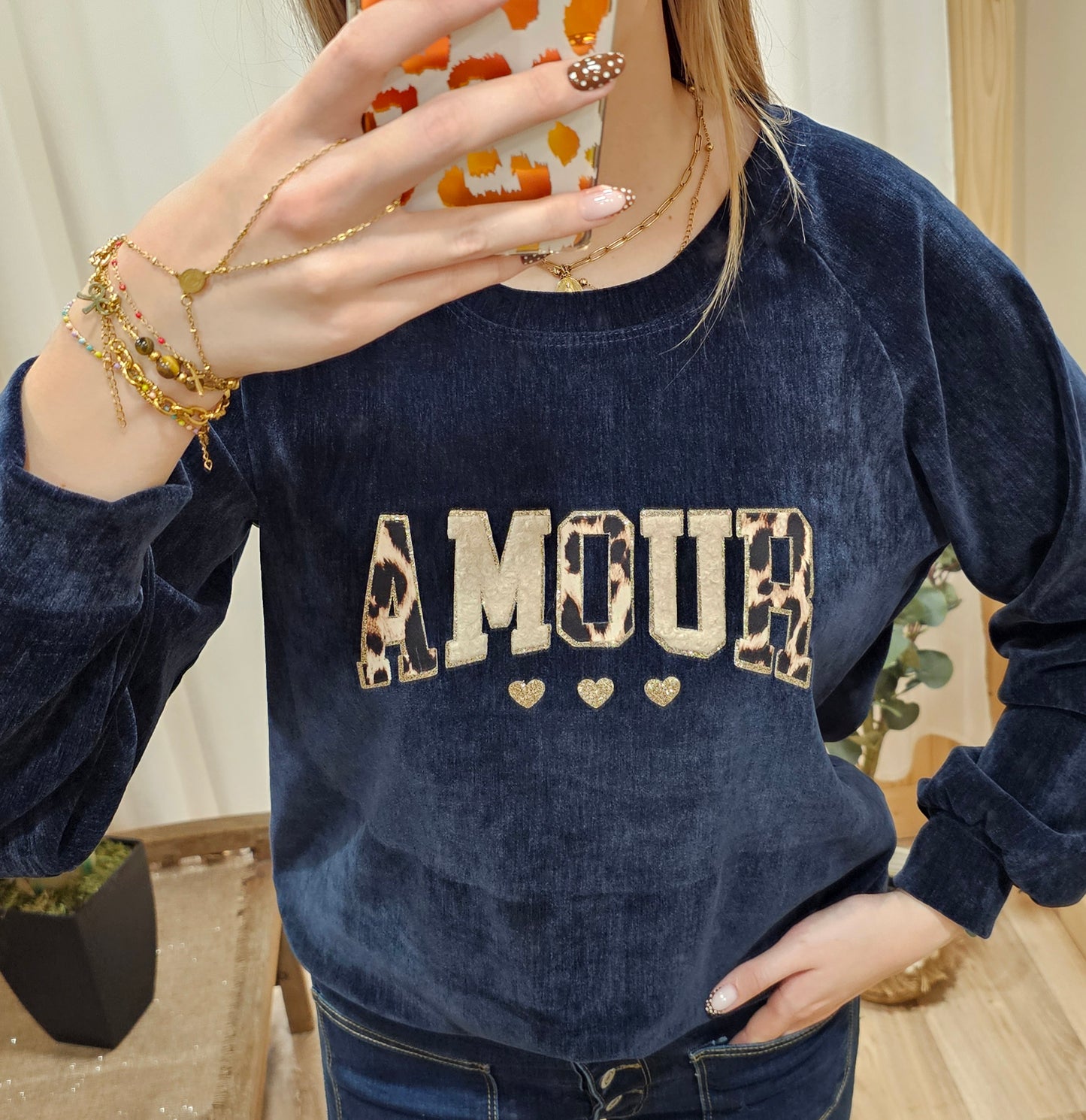 Sweat Amour effet velours marine