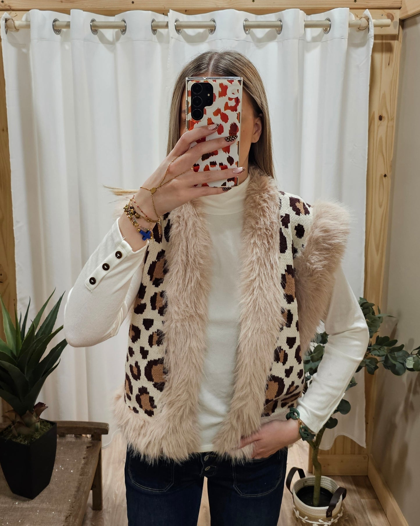 Veste sans manche léopard fourrure