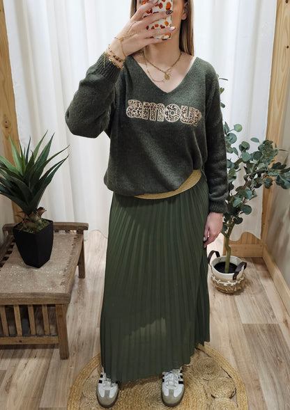 Jupe longue plissée kaki