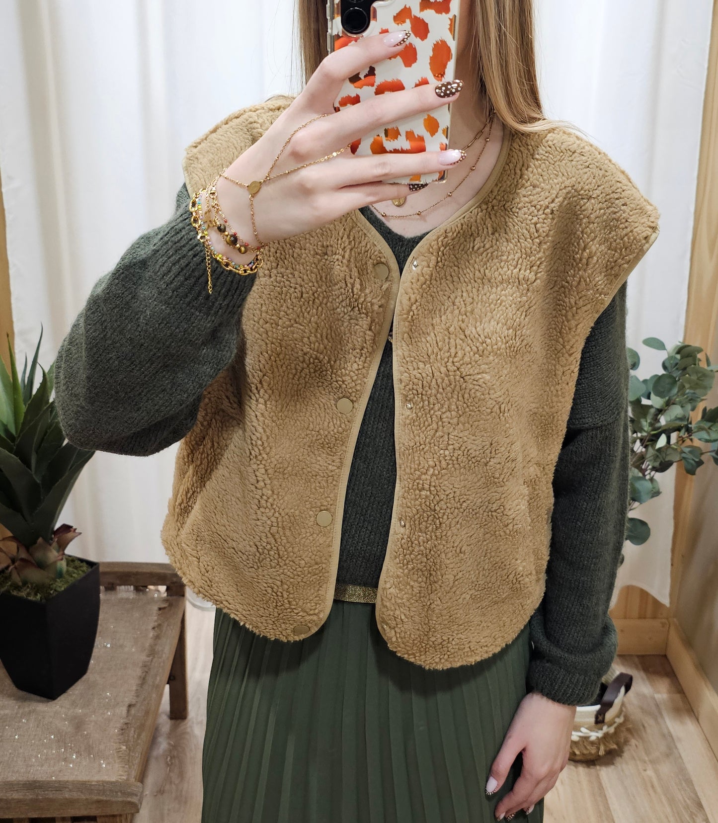 Gilet moumoute sans manche camel