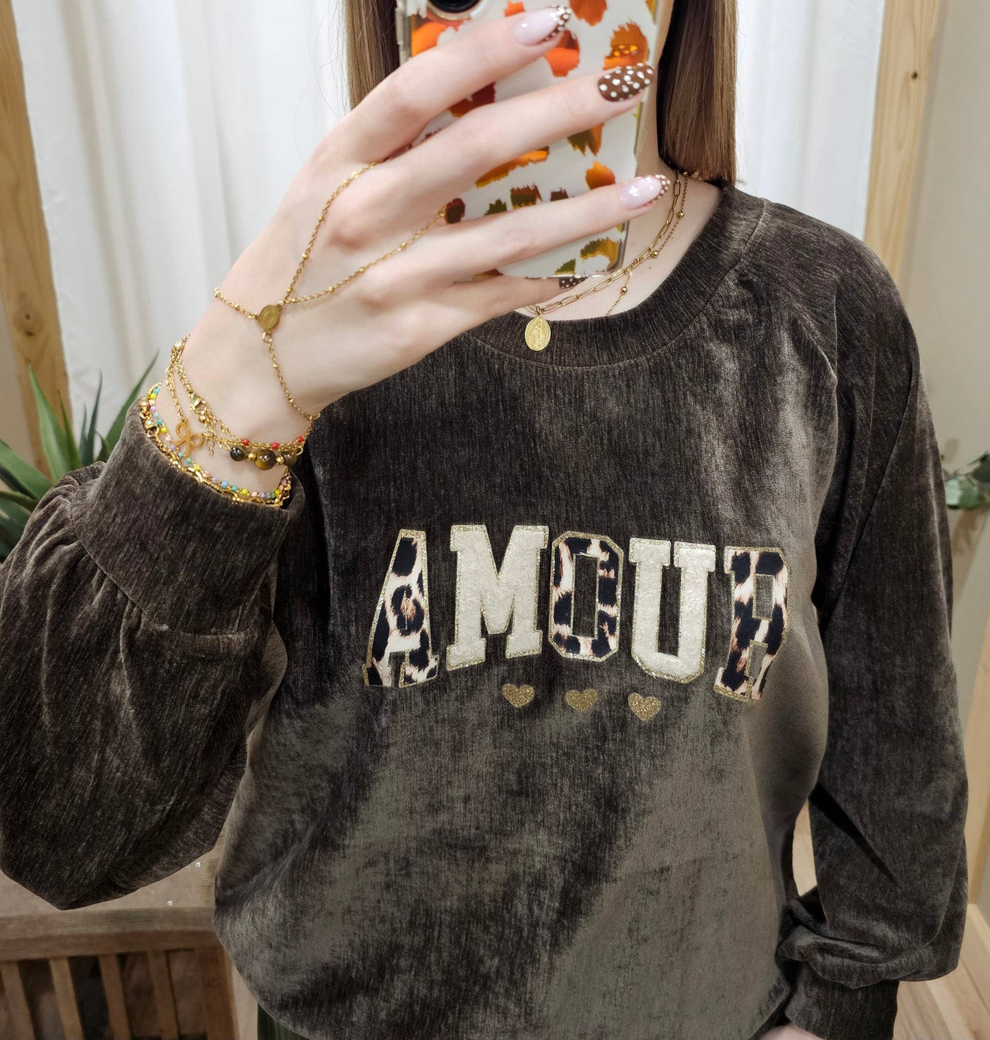 Sweat Amour effet velours chocolat