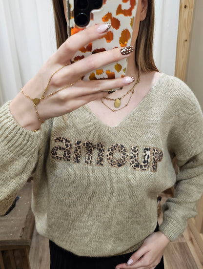 Pull beige "Amour" léopard