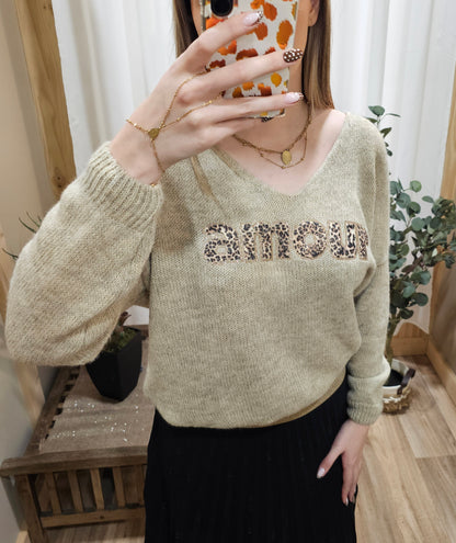 Pull beige "Amour" léopard