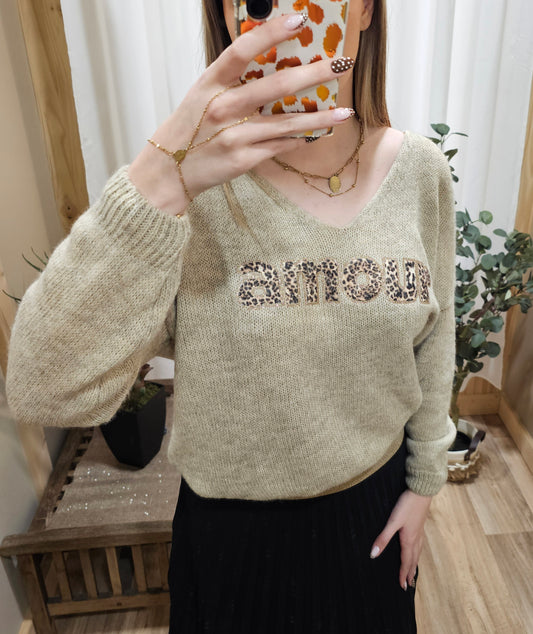 Pull beige "Amour" léopard