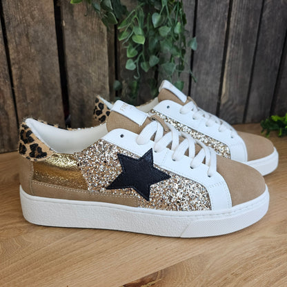 Basket camel/léopard et paillettes