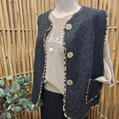 Veste sans manche galon léopard noir
