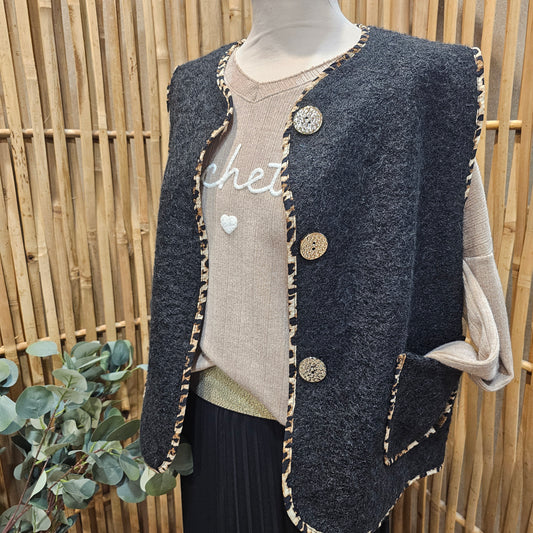 Veste sans manche galon léopard noir