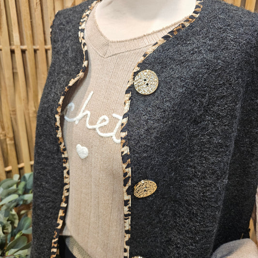 Veste sans manche galon léopard noir