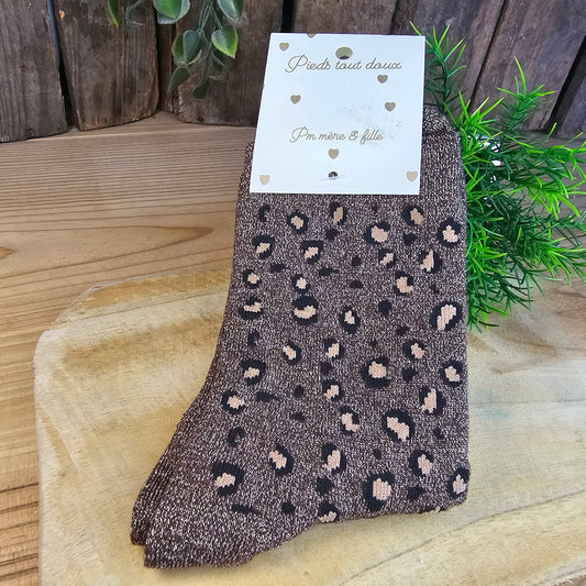Chaussettes paillettes léopard chocolat