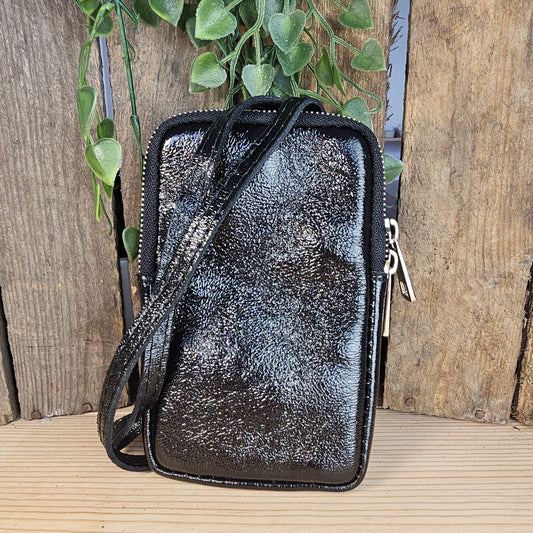 Pochette téléphone en cuir irisé noir