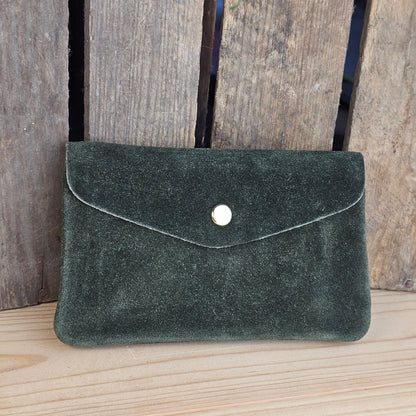 Grand porte monnaie en daim kaki foncé