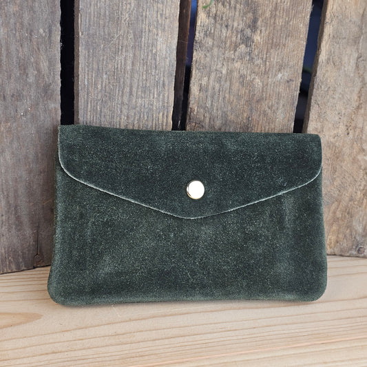 Grand porte monnaie en daim kaki foncé