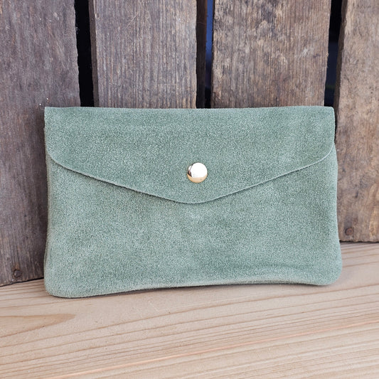 Grand porte monnaie en daim kaki clair