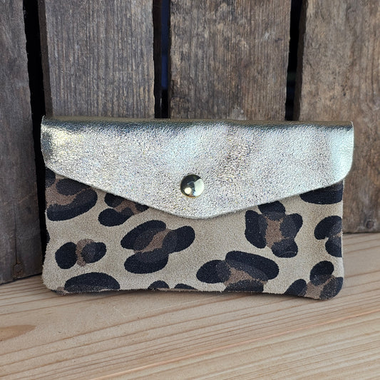 Grand porte monnaie en cuir et daim grand léopard beige