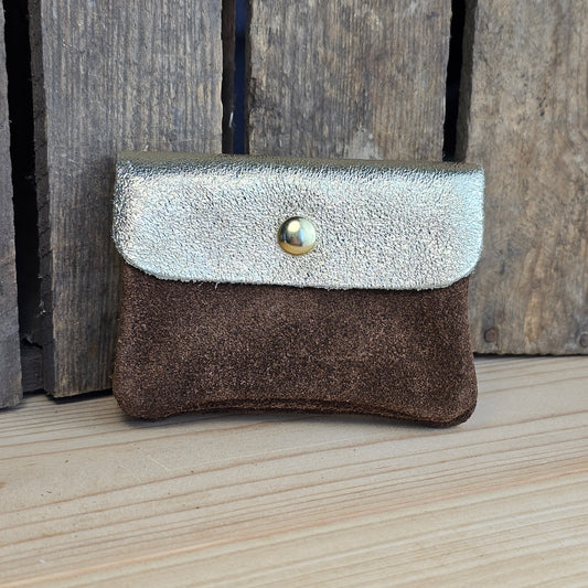 Porte monnaie en cuir et daim marron