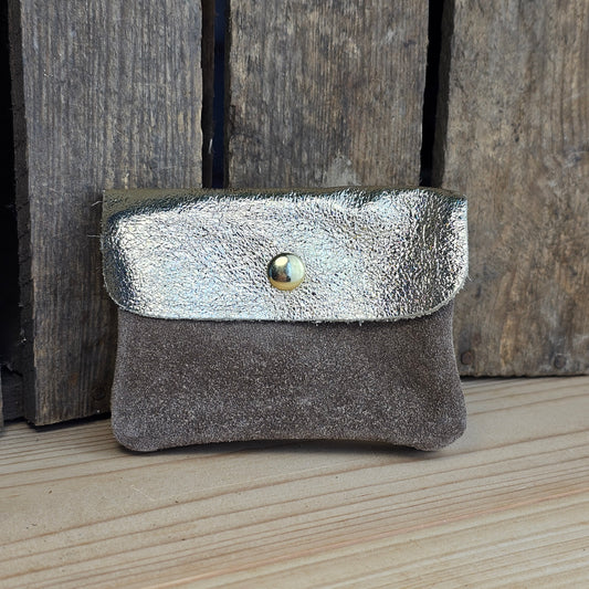 Porte monnaie en cuir et daim taupe