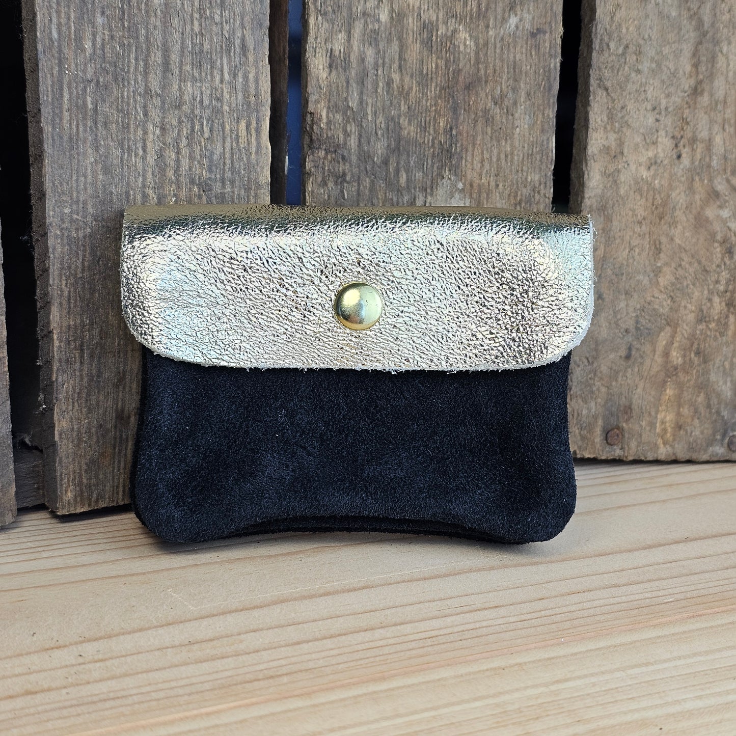 Porte monnaie en cuir et daim noir