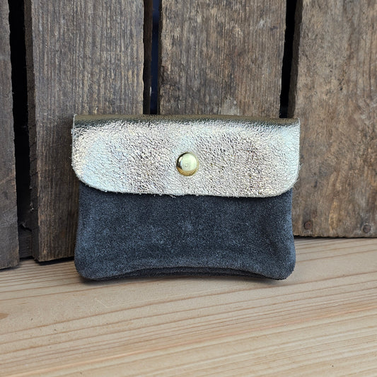 Porte monnaie en cuir et daim gris foncé