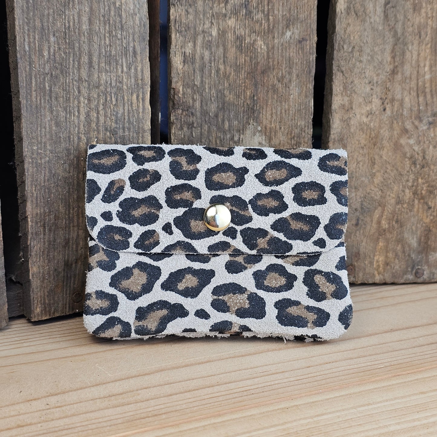 Porte monnaie en cuir léopard beige