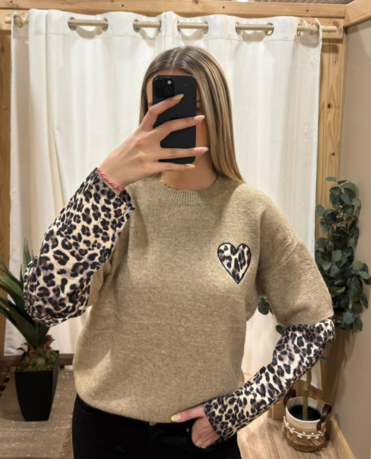 Pull camel manches léopard