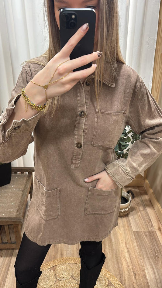 Robe courte en coton taupe