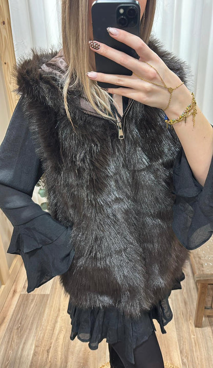 Gilet sans manche fausse fourrure marron