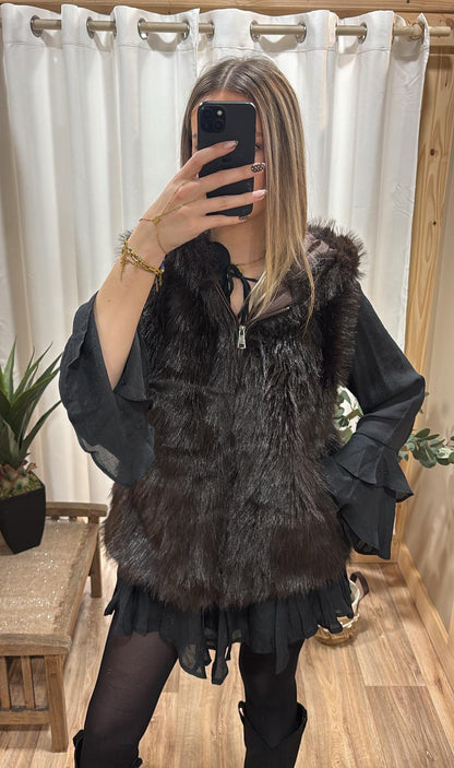 Gilet sans manche fausse fourrure marron