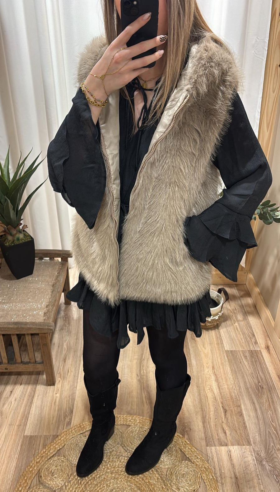 Gilet sans manche fausse fourrure taupe