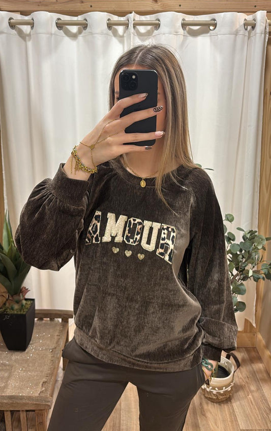 Sweat Amour effet velours chocolat
