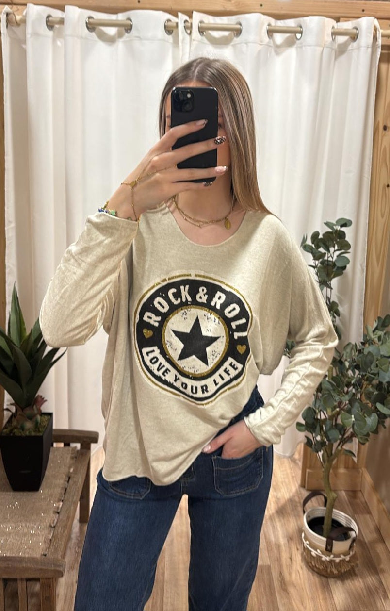 Pull fin "Rock&Roll" beige