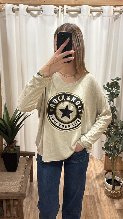 Pull fin "Rock&Roll" beige