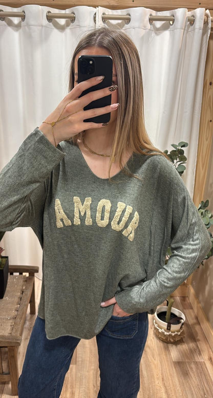 Pull fin "Amour" kaki