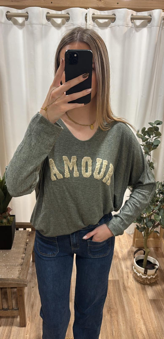 Pull fin "Amour" kaki