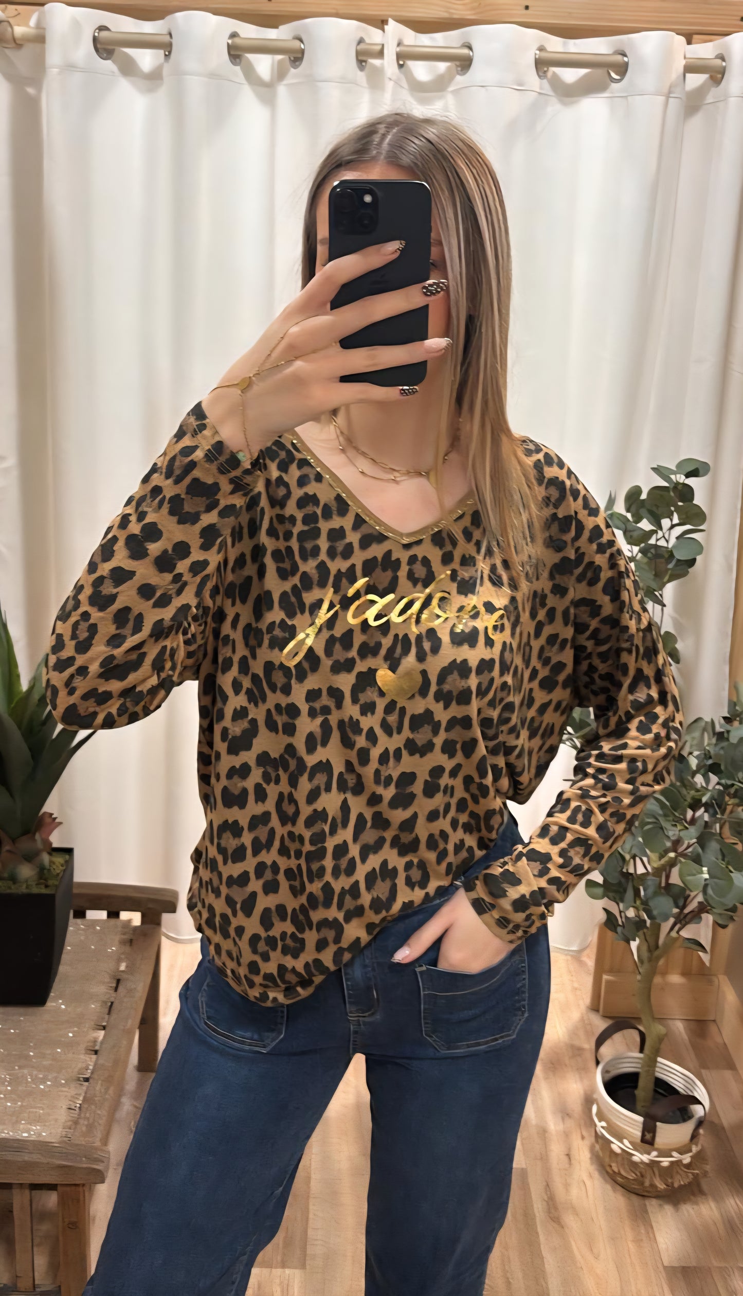 Tee-shirt léopard "J'adore" camel