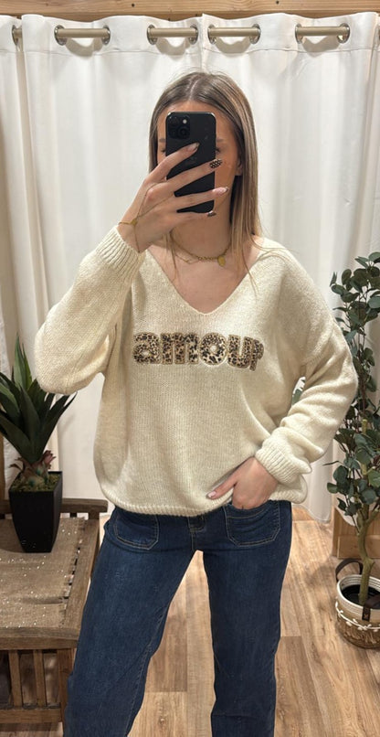 Pull crème "Amour" léopard