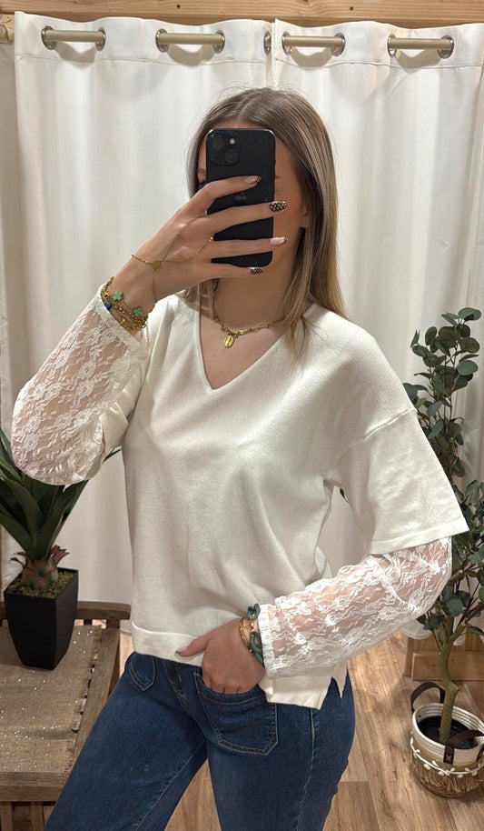Top avec manches dentelle écru