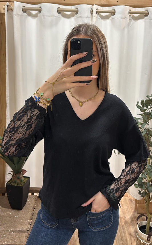 Top avec manches dentelle noir