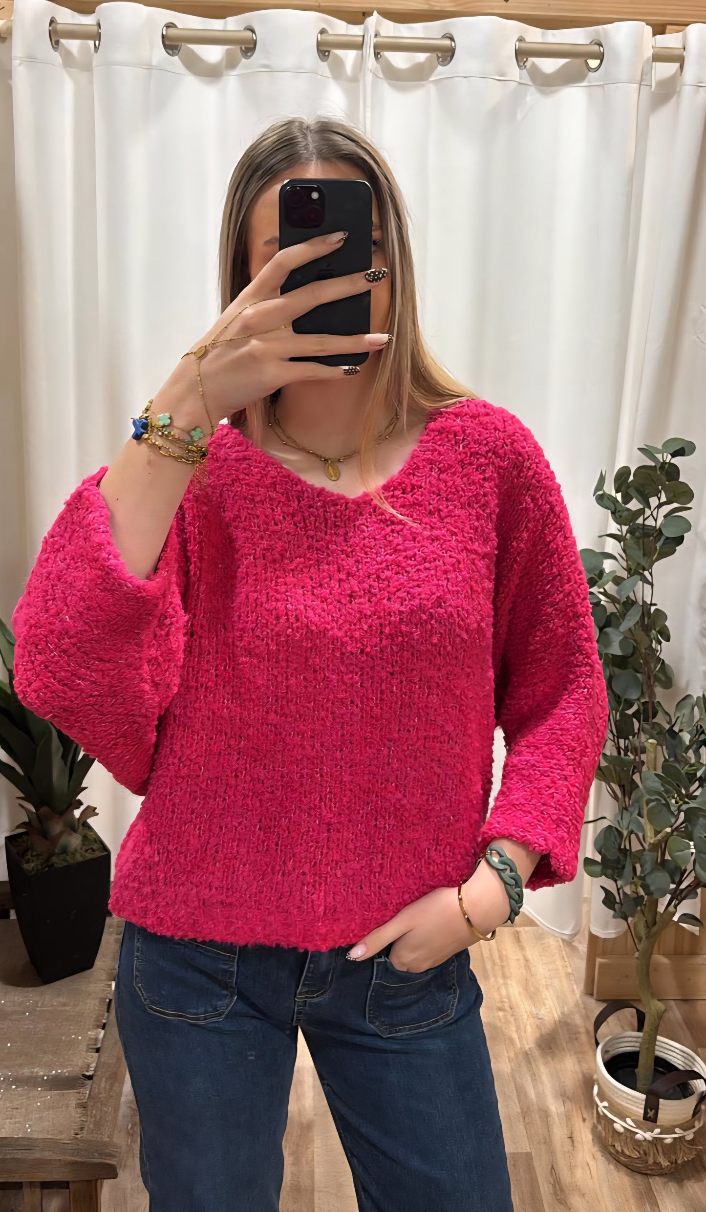 Pull bouclette uni fuchsia