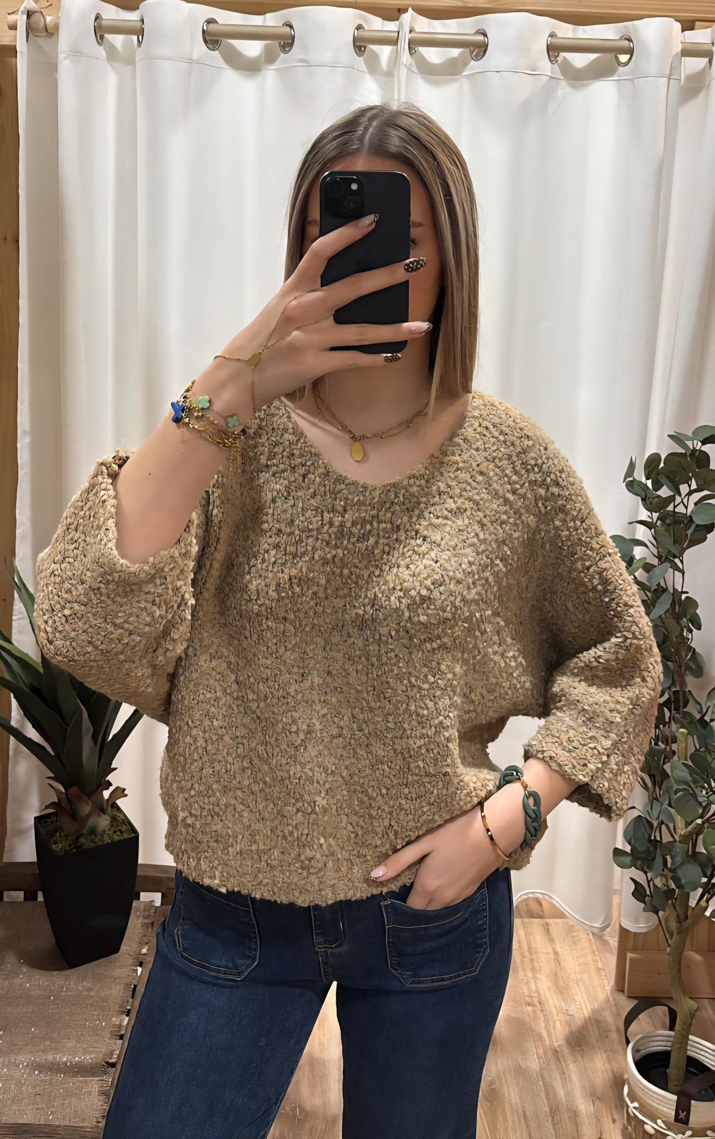 Pull bouclette uni camel