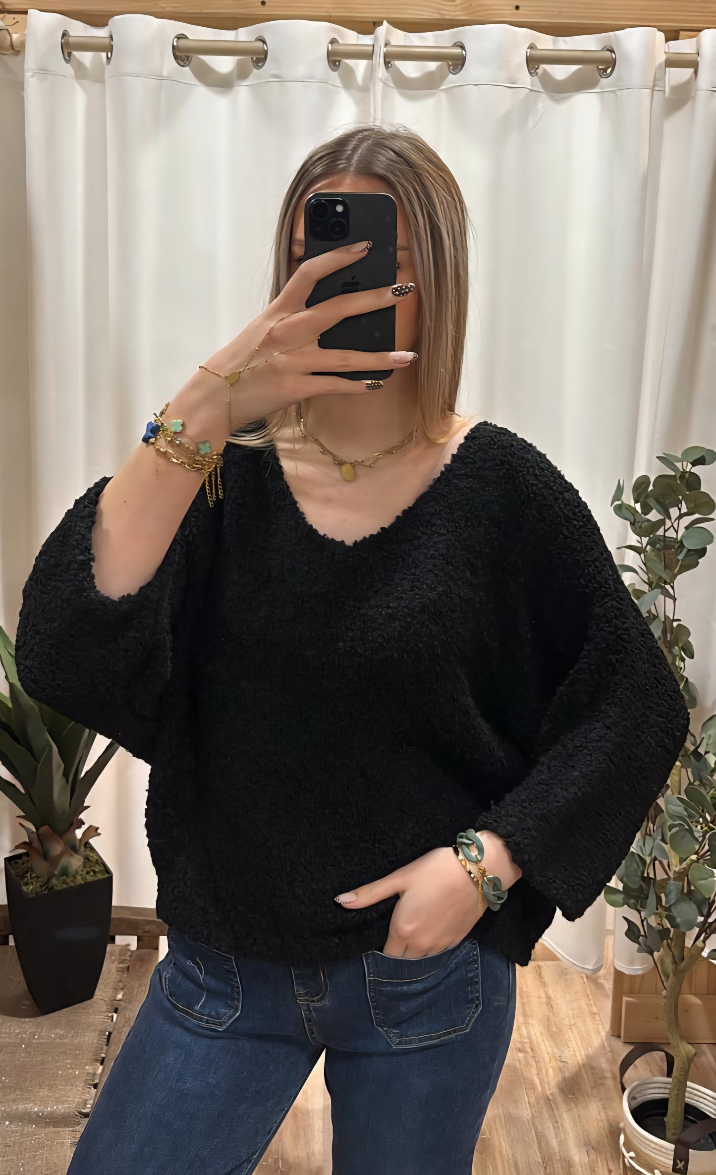 Pull bouclette uni noir